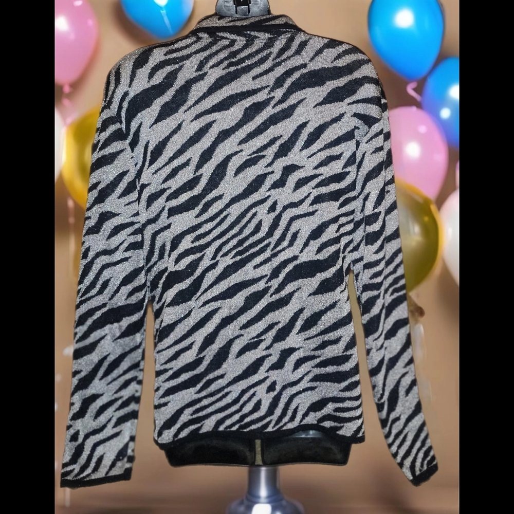 VINTAGE CAROLE LITTLE KNITWEAR BLACK/SILVER LUREK ZEBRA KNIT CARDIGAN SIZE XL - Picture 2 of 3